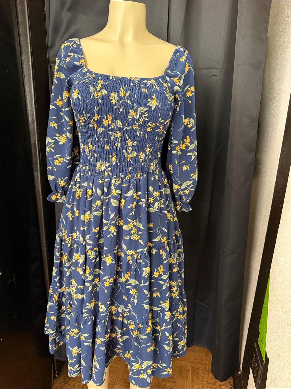 Baltic Born Navy Floral Smocked Midi Dress with Long Sleeves